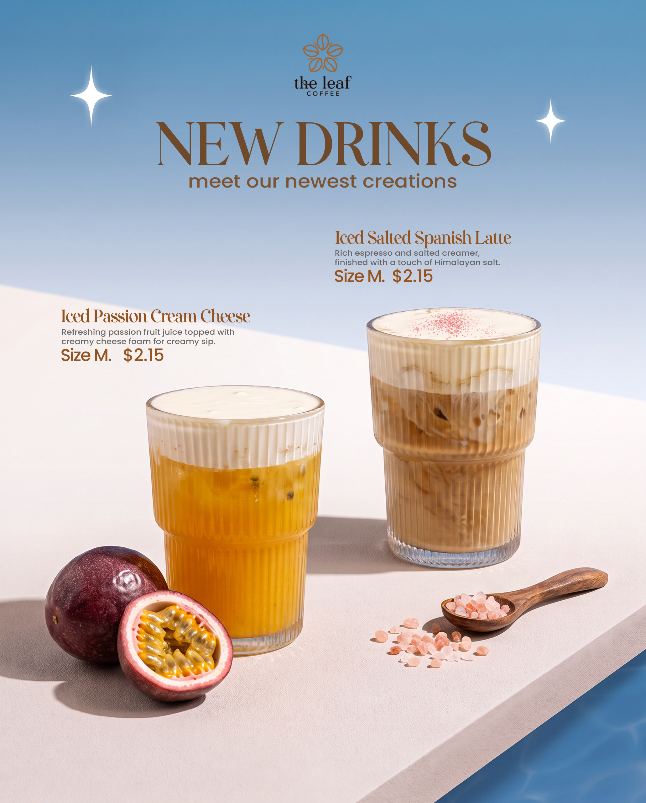 New Drinks, New Obsession From the smooth salted latte to the tangy passion fruit cream, your next favorite sip is waiting at The Leaf Coffee.